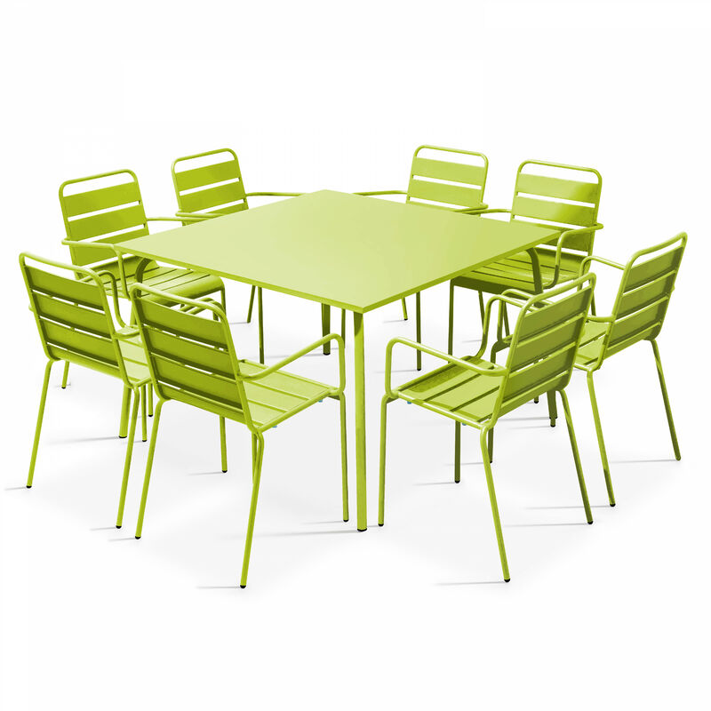 Ensemble table de jardin carrée et 8 fauteuils en métal vert - Palavas - Vert