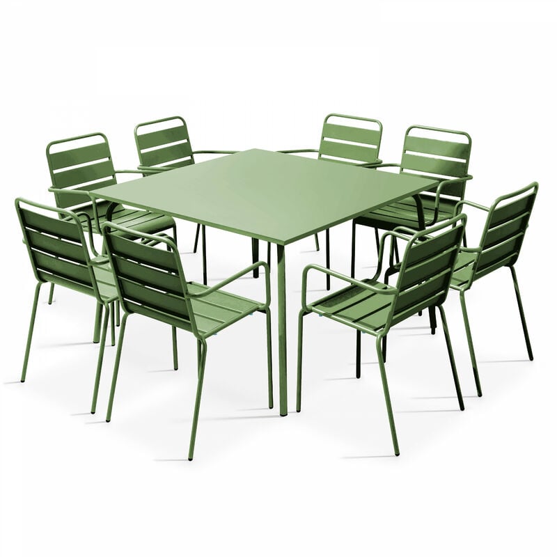 Ensemble table de jardin carrée et 8 fauteuils en métal vert cactus - Palavas