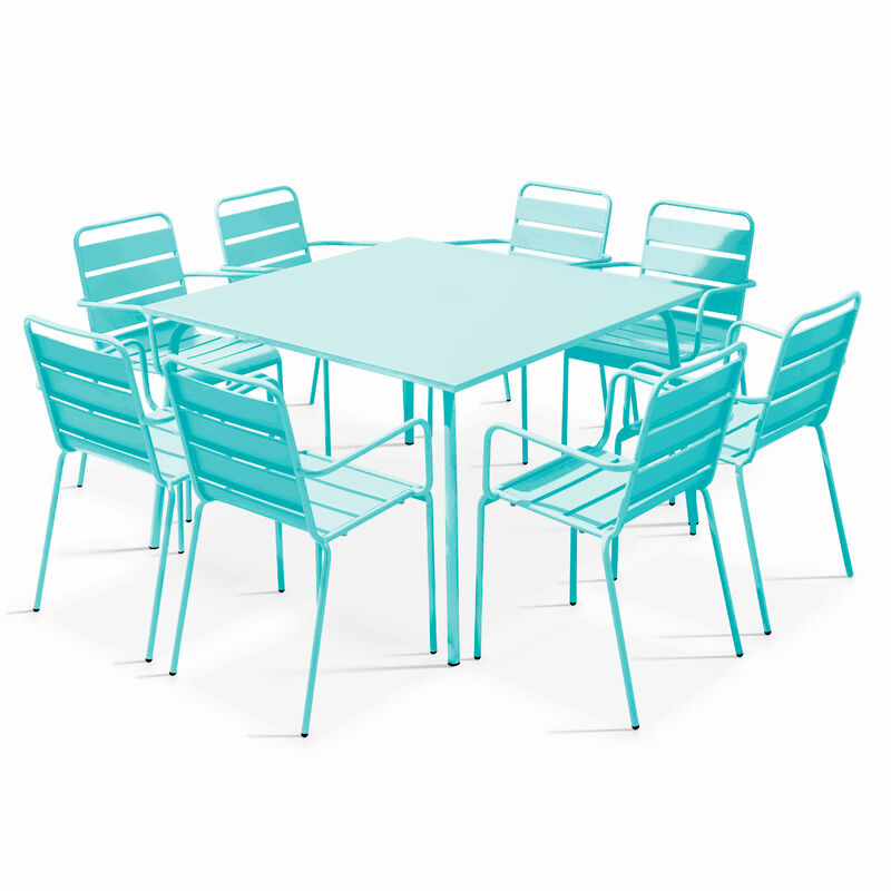 Oviala - Ensemble table de jardin carrée et 8 fauteuils en métal turquoise - Palavas - Bleu Turquoise