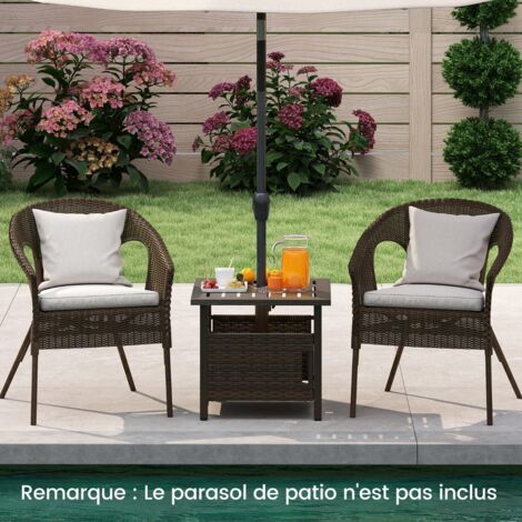 Table de Jardin Carrée avec Trou pour Parapluie de 4,9CM Table Basse de Patio en Osier Résistant aux Intempéries Marron
