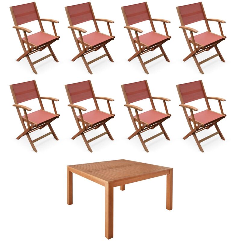 Sweeek - Table de jardin carrée. en bois d'eucalyptus fsc. avec trou de parasol + 8 fauteuils pliables Terracotta / Terra cotta - Terracotta