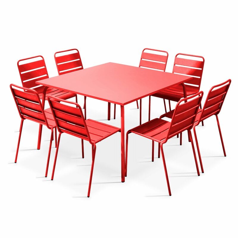 Ensemble table de jardin et 8 chaises en métal rouge - Palavas - Rouge
