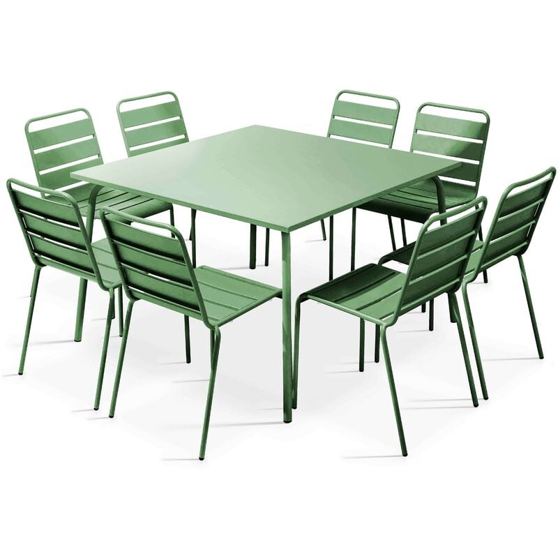 Ensemble table de jardin et 8 chaises en métal vert cactus - Palavas