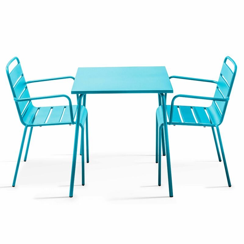 Ensemble table de jardin carrée et 2 fauteuils acier bleu - Palavas - Bleu