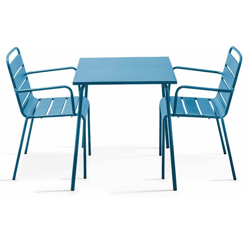 Ensemble table de jardin carrée et 2 fauteuils acier bleu pacific - Palavas - Bleu Pacific
