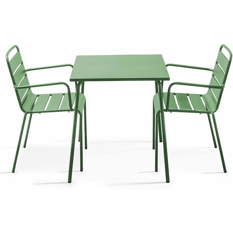 Ensemble table de jardin carrée et 2 fauteuils acier vert cactus - Palavas