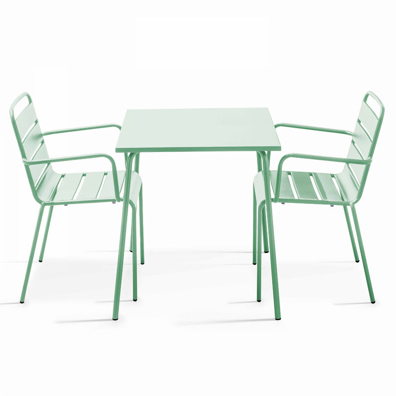 Ensemble table de jardin carrée et 2 fauteuils acier vert sauge - Palavas
