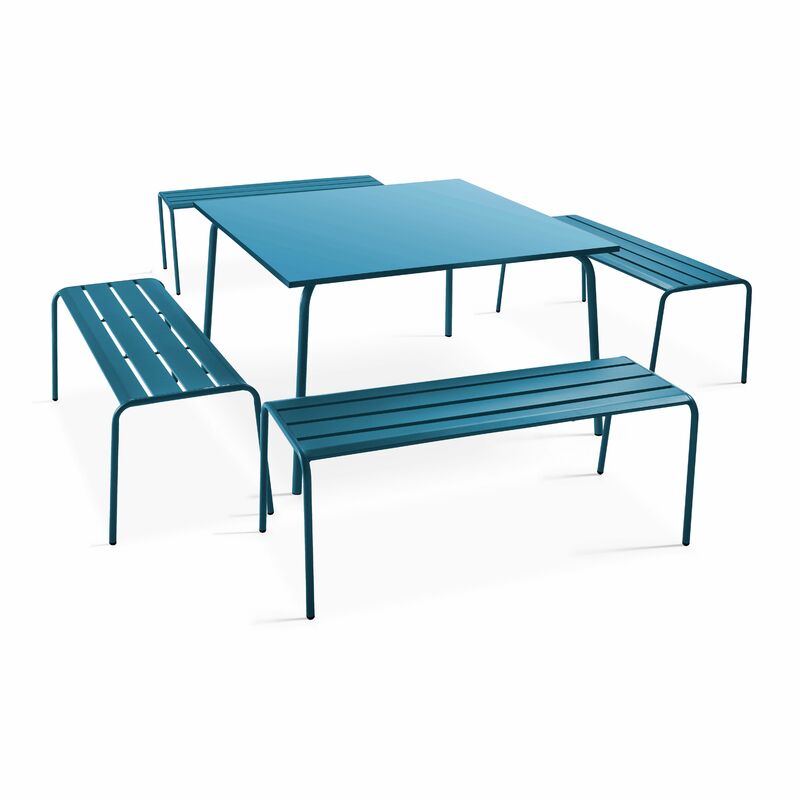 Ensemble table de jardin carrée et 4 bancs en métal bleu pacific - Palavas
