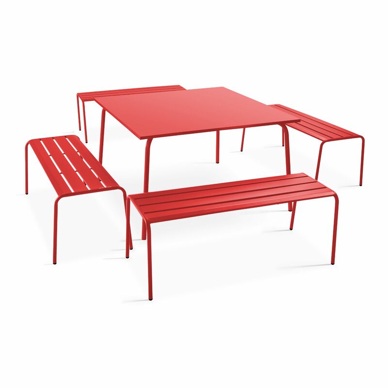 Ensemble table de jardin carrée et 4 bancs en métal rouge - Palavas