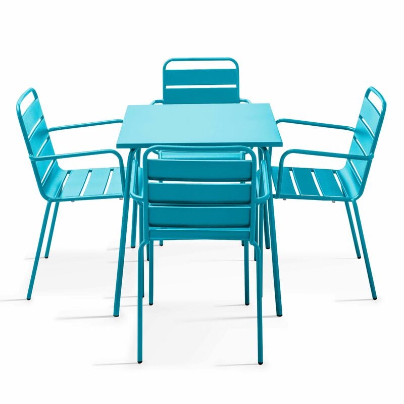 Ensemble table de jardin carrée et 4 fauteuils acier bleu - Palavas - Bleu