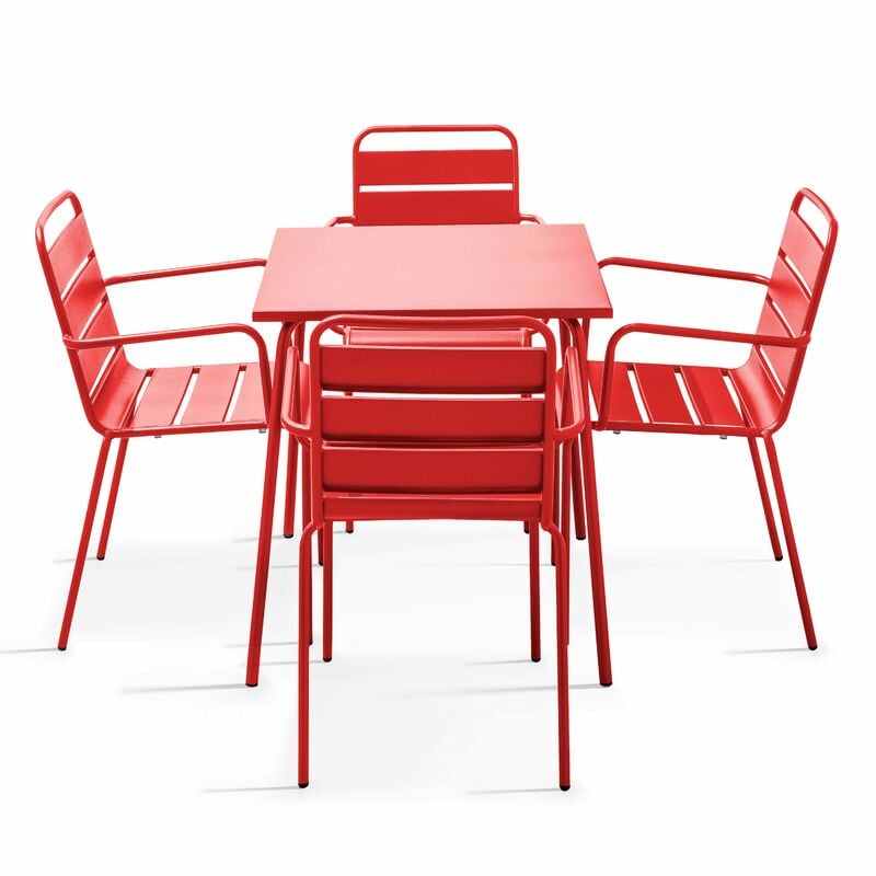 Ensemble table de jardin carrée et 4 fauteuils acier rouge - Palavas - Rouge