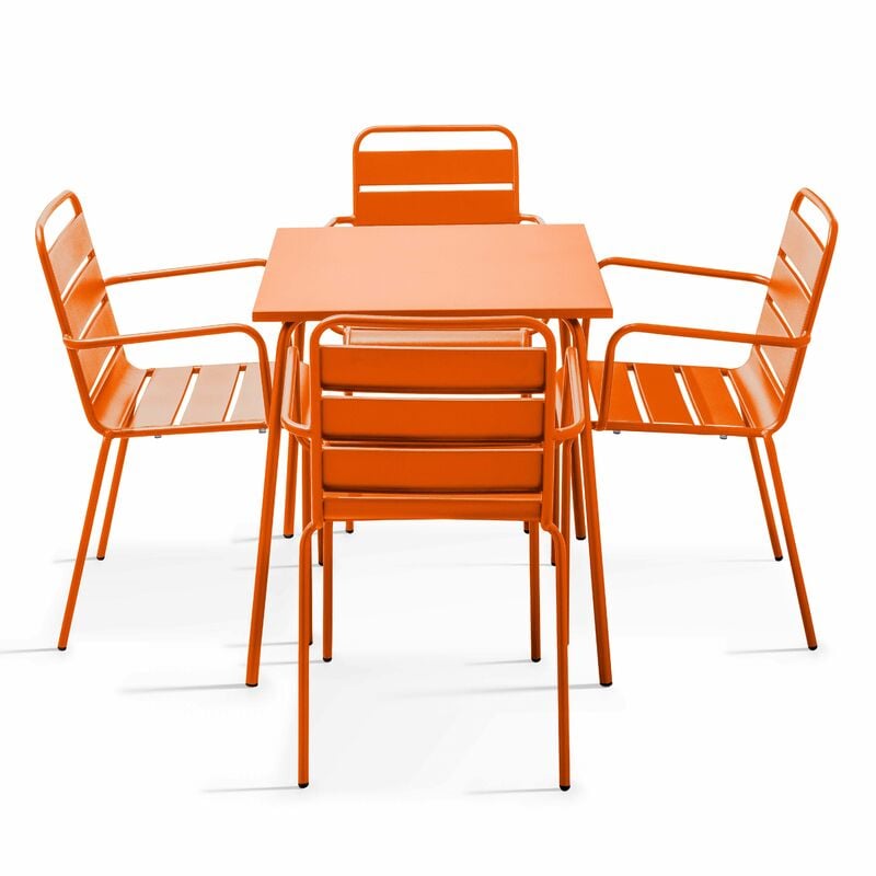 Ensemble table de jardin carrée et 4 fauteuils acier orange - Palavas - Orange