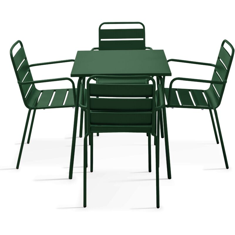 Ensemble table de jardin carrée et 4 fauteuils acier 70 cm vert forêt - Palavas