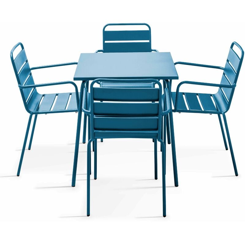 Ensemble table de jardin carrée et 4 fauteuils acier bleu pacific - Palavas - Bleu Pacific