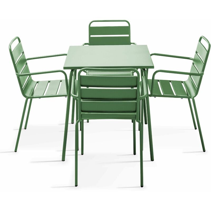 Oviala - Ensemble table de jardin carrée et 4 fauteuils acier vert cactus - Palavas - Vert Cactus