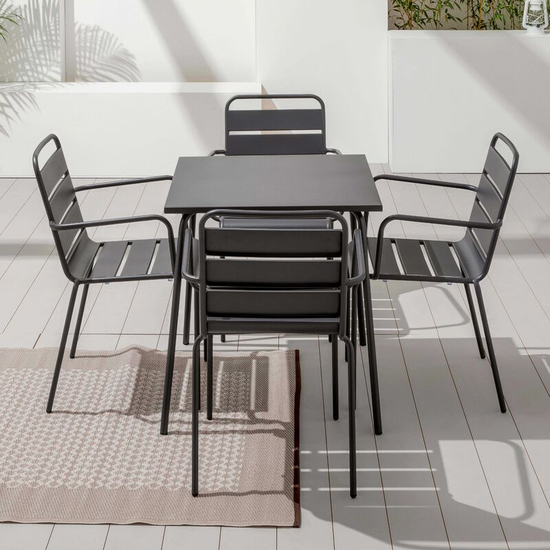 Ensemble table de jardin carrée et 4 fauteuils acier gris - Palavas - Gris Anthracite