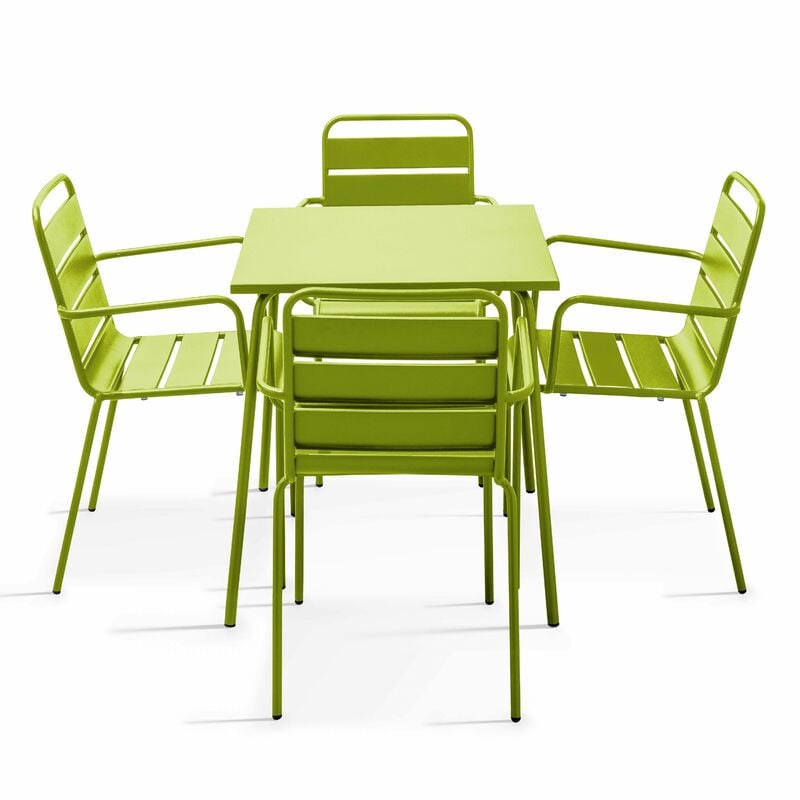 Ensemble table de jardin carrée et 4 fauteuils acier vert - Palavas - Vert