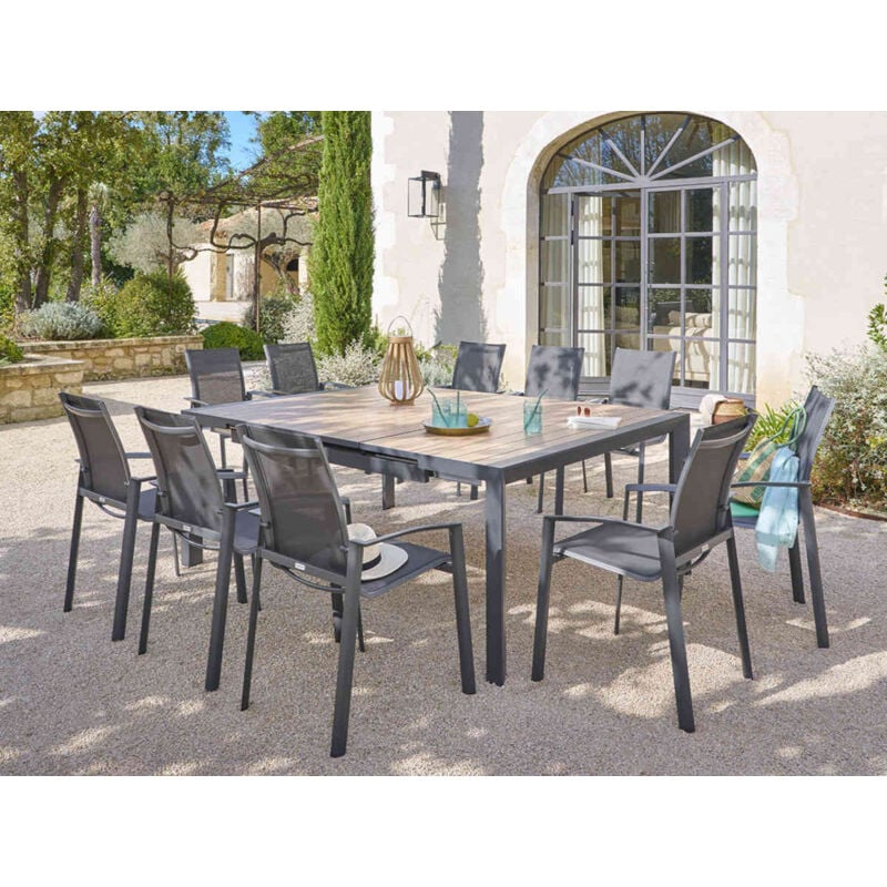 Table de jardin extensible carrée Évasion effet bois honey & argile 10 places lates en aluminium - Hespéride