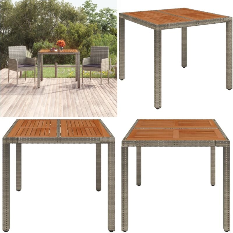 Table de jardin dessus en bois Gris 90x90x75 cm Résine tressée - Table De Jardin - Table Extérieure - Meubles De Jardin - Table En Bois - Table