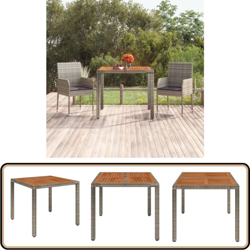 Table de jardin dessus en bois Gris 90x90x75 cm Résine tressée - Table De Jardin - Table Extérieure - Meubles De Jardin - Table En Bois - Table