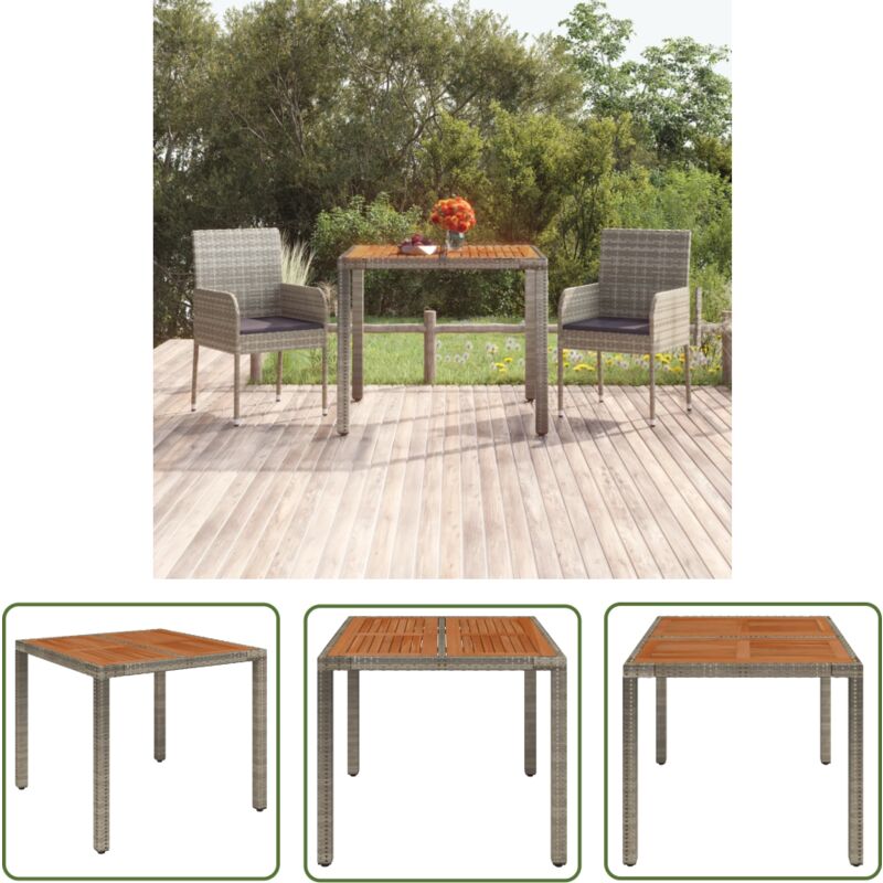 The Living Store Table de jardin dessus en bois Gris 90x90x75 cm Résine tressée - Table De Jardin - Table Extérieure - Meubles De Jardin - Table En