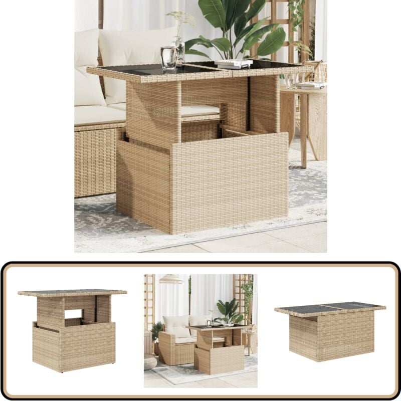 Table de jardin dessus en verre beige 100x55x73 cm poly rotin - Table De Jardin - Table Extérieure - Table Patio - Mobilier De Jardin - Table