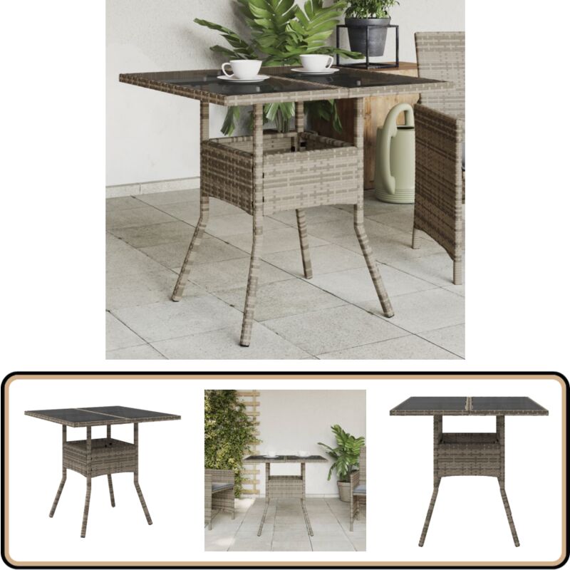 Table de jardin dessus en verre gris 80x80x75 cm résine tressée - Table De Jardin - Table Extérieure - Mobilier De Jardin - Table En Verre - Table En