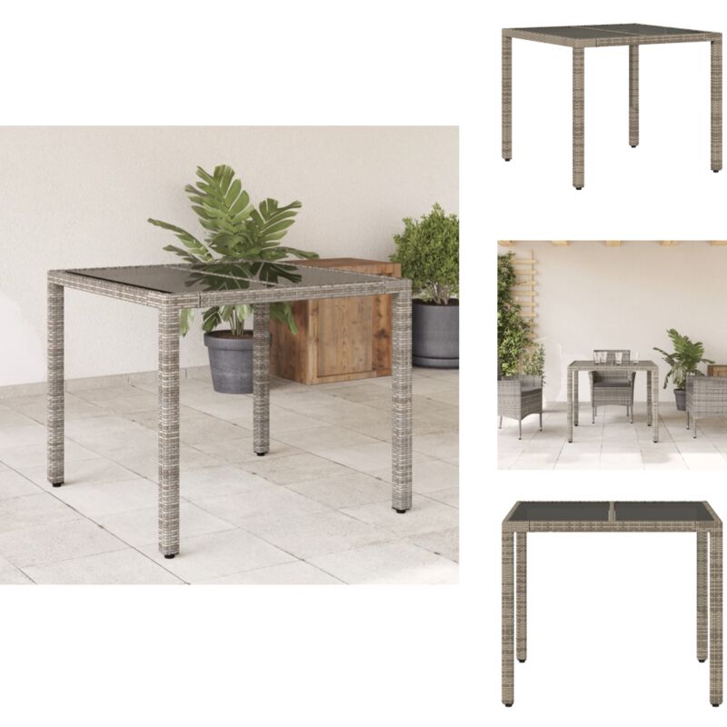 Vidaxl - Table de jardin dessus en verre Gris 90x90x75 cm Résine tressée - Table De Jardin - Table Extérieure - Mobilier De Jardin - Table En Verre