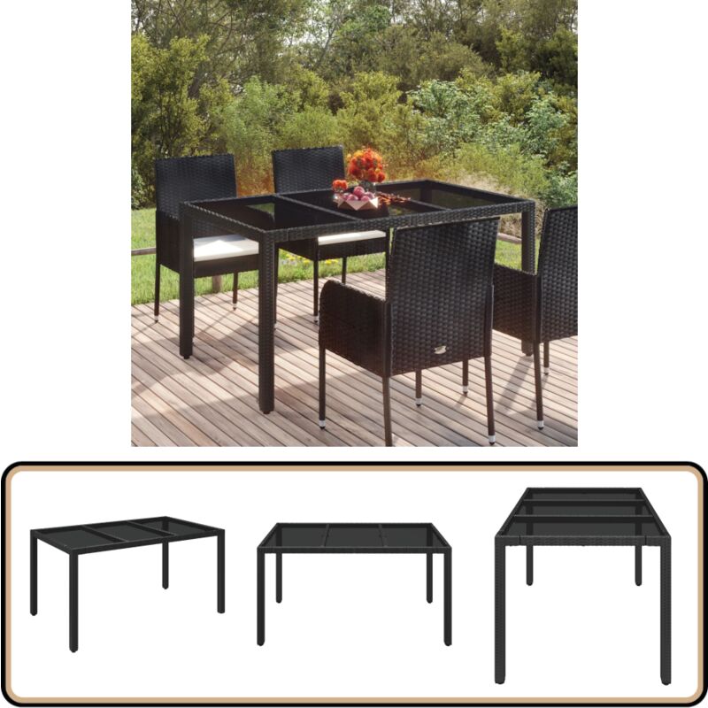Table de jardin dessus en verre Noir 150x90x75cm Résine tressée - Table De Jardin - Table Extérieure - Table En Verre - Table Résinés Tressée