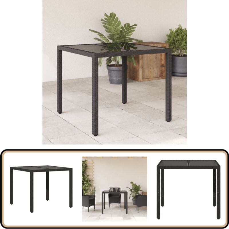 Table de jardin dessus en verre Noir 90x90x75 cm Résine tressée - Table De Jardin - Table Extérieure - Mobilier De Jardin - Table En Verre - Table