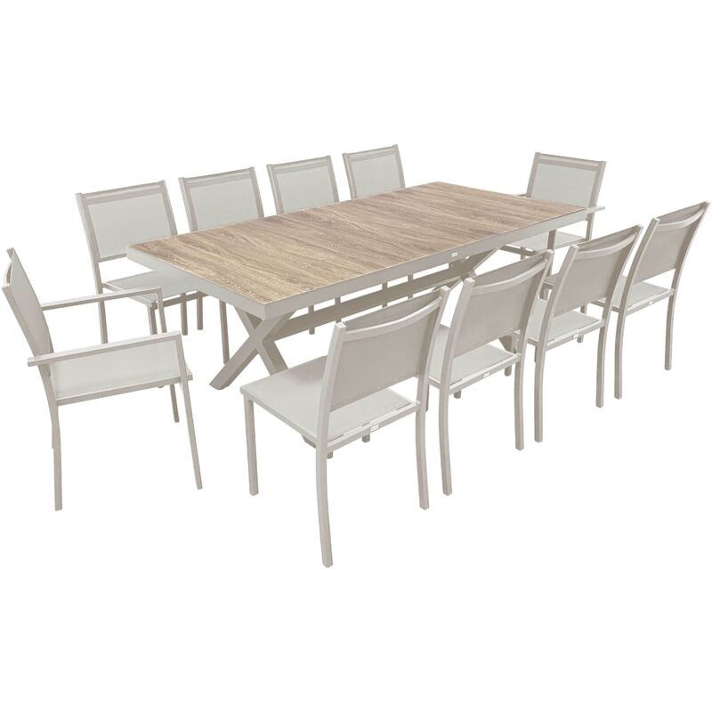 Table de jardin céramique effet bois 201 cm et 10 chaises crème - Tivoli