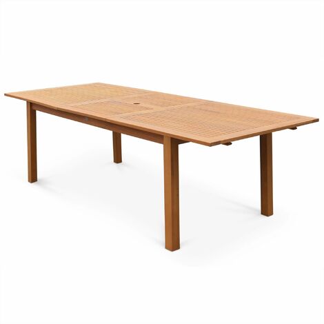 Sweeek – Table de jardin extensible en eucalyptus 180-240cm – 8 à 10 places – Rallonge papillon – Emplacement parasol – Intérieur / Extérieur