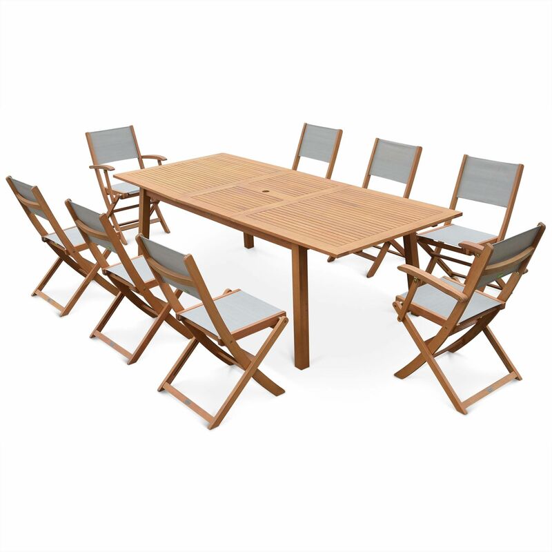 Salon de jardin en bois Almeria. grande table 180-240cm rectangulaire 2 fauteuils 6 chaises eucalyptus et textilène Bois / Gris - Bois