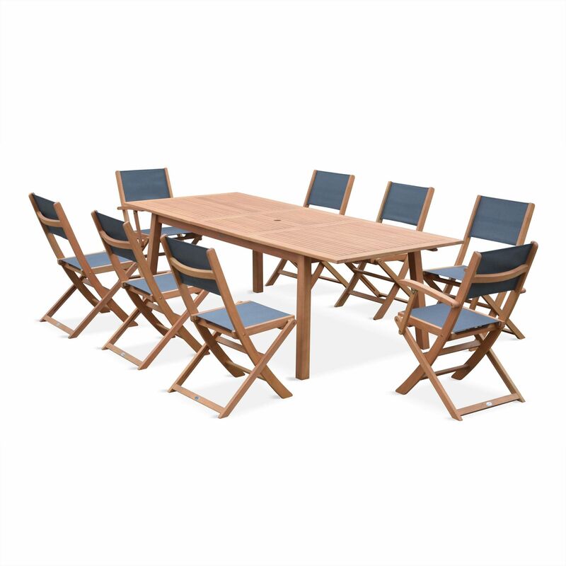 Salon de jardin en bois Almeria. grande table 180-240cm rectangulaire 2 fauteuils 6 chaises eucalyptus et textilène Bois / Anthracite