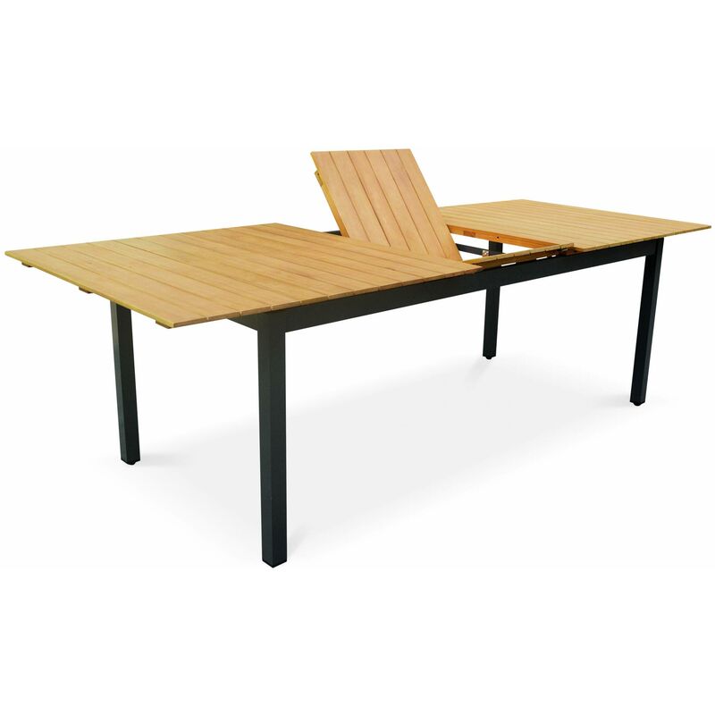 Table de jardin en bois aluminium extensible 200/250cm avec rallonge - Sevilla - bois d'Eucalyptus huilé et structure anthracite