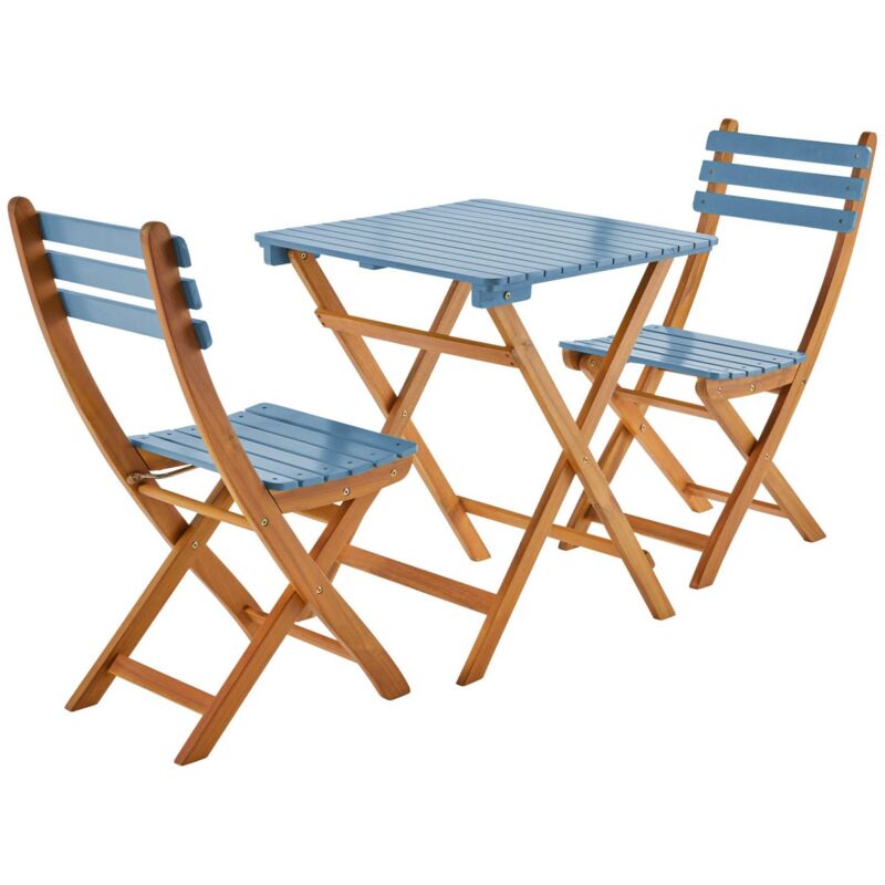 Table de jardin pliante bois d'acacia + 2 assises bleu hilora . table carrée