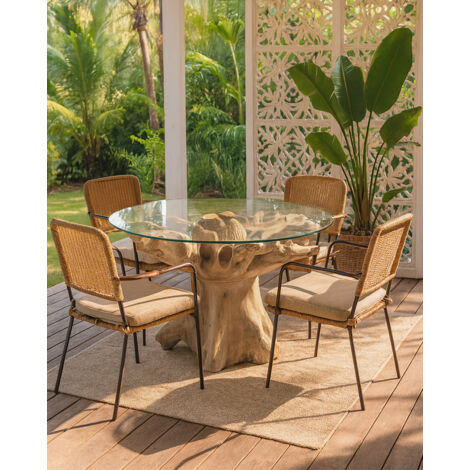 Table de jardin en bois de teck brut – Pièce unique sculptée par la nature – Résistante aux intempéries – Plateau en verre transparent