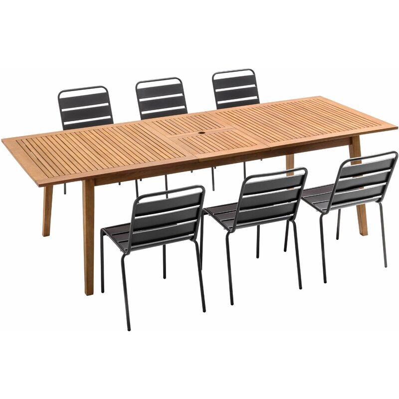 Table de jardin en bois extensible et 6 chaises