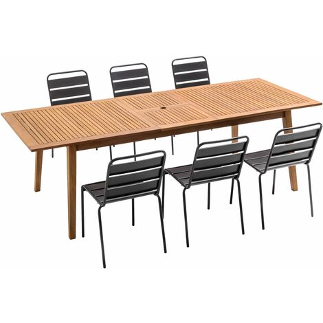 Table de jardin en bois extensible et 6 chaises - Marron