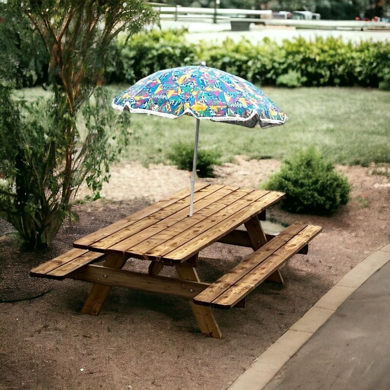 Table de Jardin en Bois Massif de 2.0 m + Trou Parasol, traitée Classe 3, Origine France