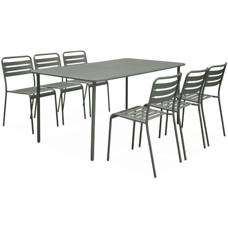 Sweeek - Table de jardin en métal savane Amélia + 6 chaises. traitement antirouille. lattes et bords arrondis - Savane