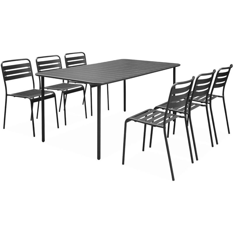 Table de jardin en métal anthracite Amélia + 6 chaises. traitement antirouille. lattes et bords arrondis - Anthracite