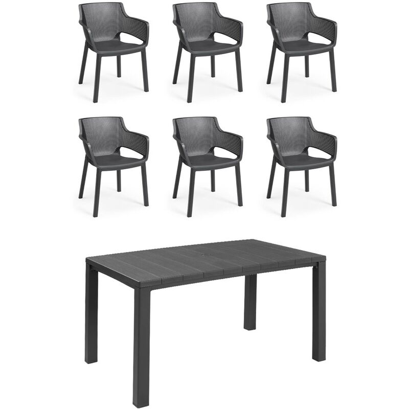 Sweeek - Table de jardin en résine de synthèse - Julie. Rectangulaire. graphite. 147cm + 6 fauteuils de jardin empilables Elisa - Graphite