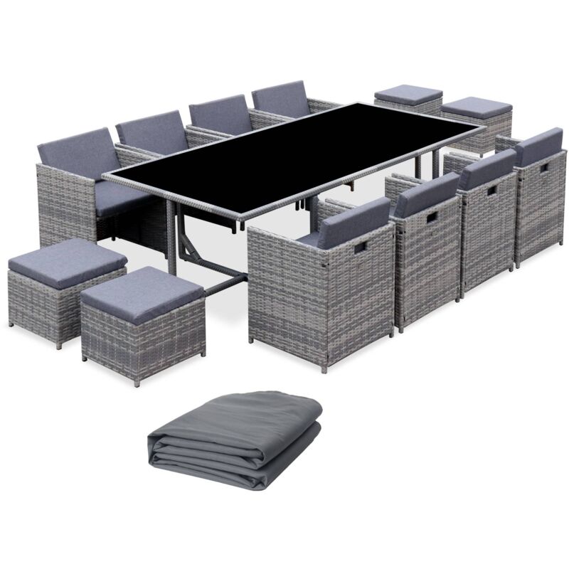 Table de jardin 8-12 places – Vabo – table encastrable + Housse de protection gris foncé polyester Nuances de gris / Gris chiné