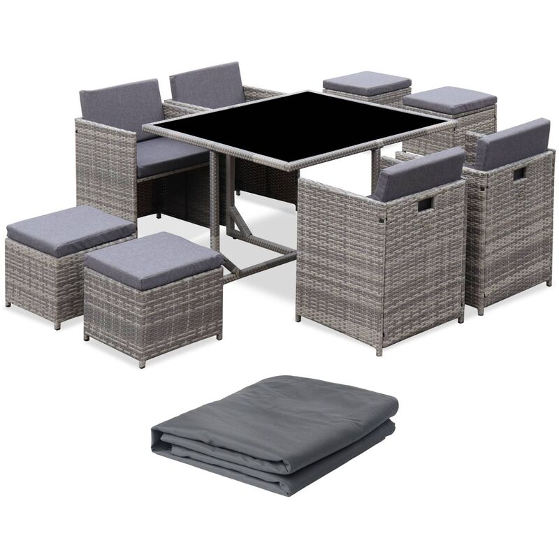Table de jardin 4-8 places – Vabo – table encastrable + Housse de protection gris foncé polyester Nuances de gris / Gris chiné