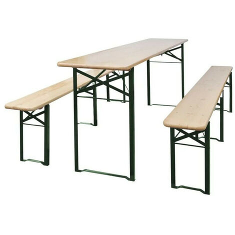 Table de jardin et 2 bancs pin massif clair et métal vert Tasep