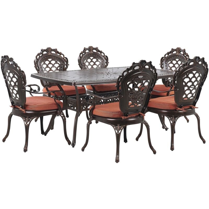Ensemble de Repas de Jardin Table Ronde et 6 Chaises Assorties en Aluminium Marron Foncé et Cuivré Effet Vieilli pour Extérieurs Vintage Beliani
