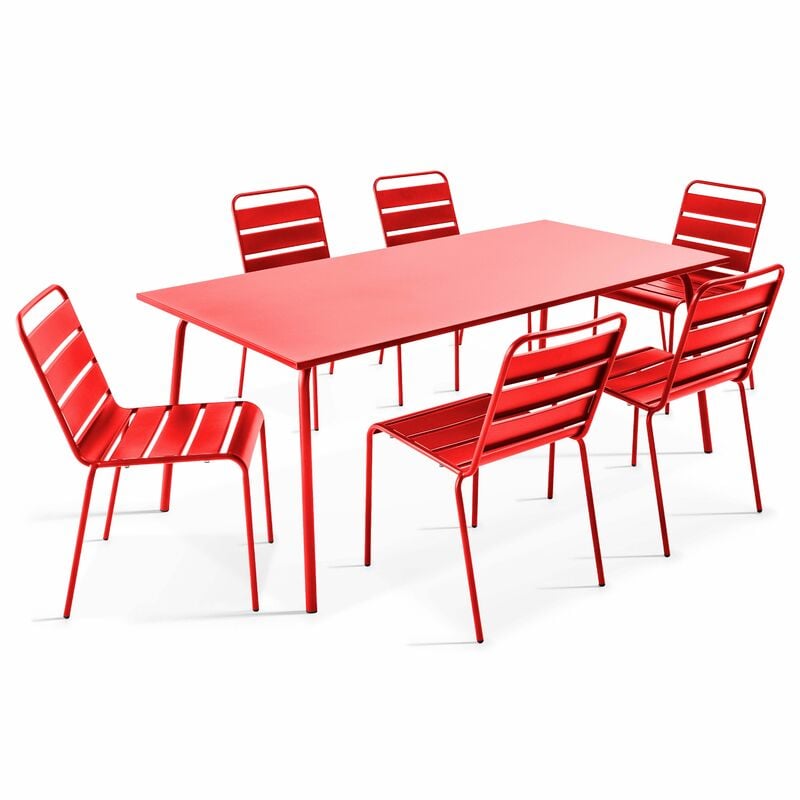 Ensemble table de jardin et 6 chaises en métal rouge - Palavas - Rouge