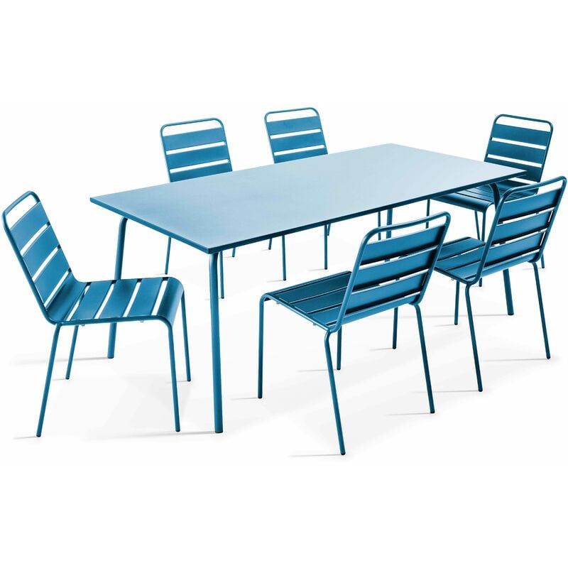 Ensemble table de jardin et 6 chaises en métal bleu pacific - Palavas