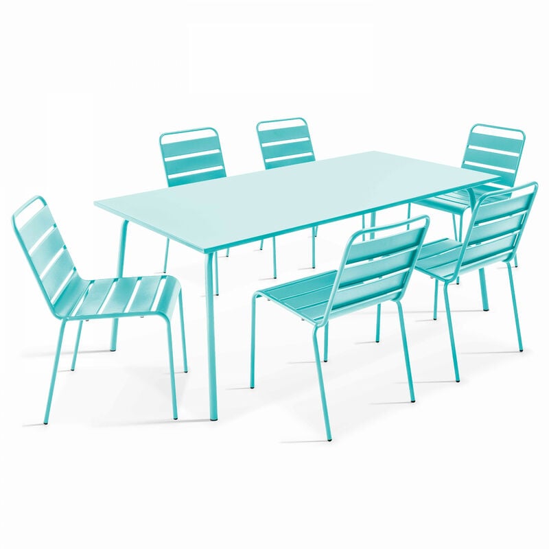 Ensemble table de jardin et 6 chaises en métal turquoise - Palavas